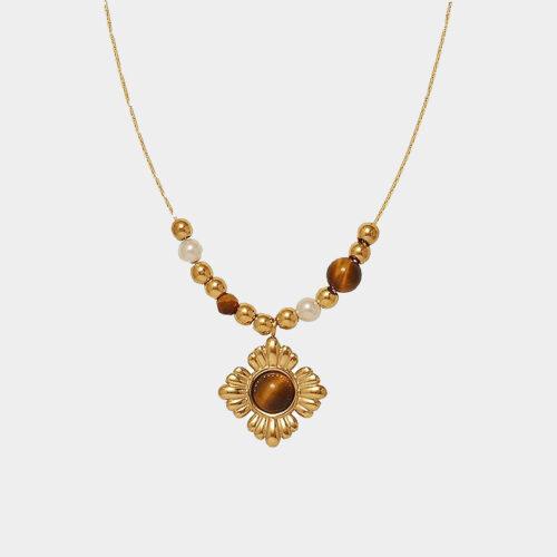 Medieval style flower tiger eye stone beaded necklace