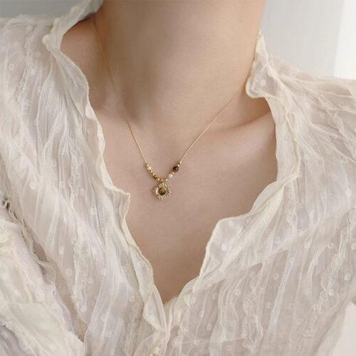 Medieval style flower tiger eye stone beaded necklace