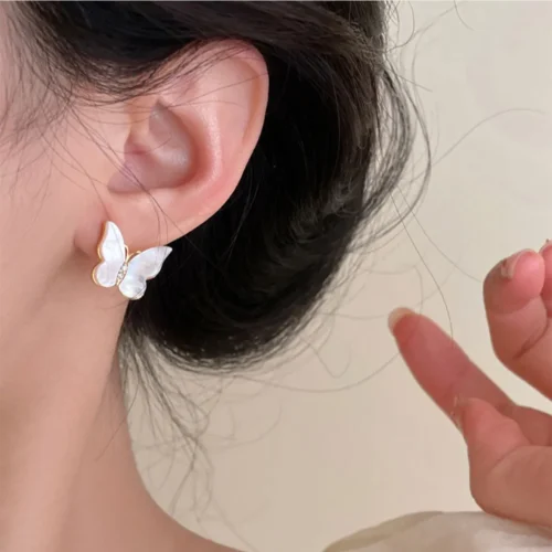 White Shell Butterfly Rhinestone Earrings